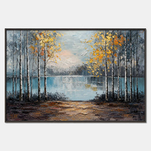 Hand-painted forest landscape wall art with blue, warm tones, and earth tones tones.