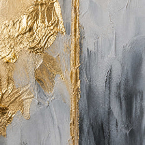 Close-up of raised gold leaf texture and layered gray-white vertical brushwork.