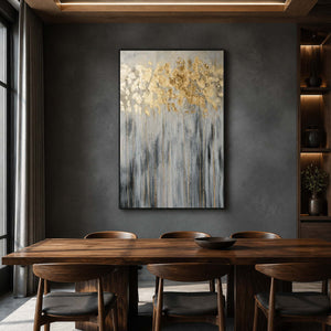 Gold botanical painting displayed in a dark walnut dining room.