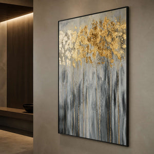 Textured botanical wall art displayed along a softly lit modern hallway.