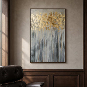 Gold leaf-inspired artwork displayed in a warm paneled reading room.