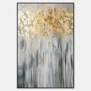 Vertical textured artwork with gold foliage over mist gray and charcoal strokes.