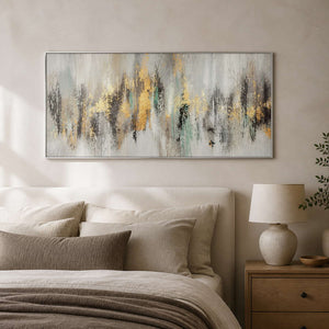 Neutral panoramic wall art displayed above a serene modern bedroom.