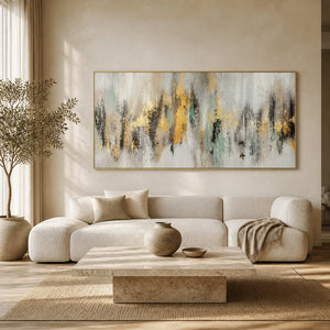 Gold and gray textured panoramic wall art displayed in a warm modern living room.