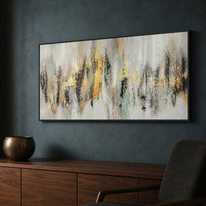 Textured panoramic painting displayed against a deep blue-gray lounge wall.