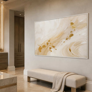Ivory and gold textured wall art displayed in a serene luxury bathroom.