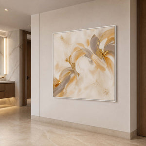 Airy gold and ivory floral canvas in a refined bathroom.