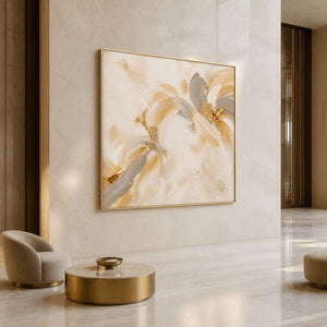 Large gold petal artwork in an airy hotel art lobby.