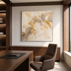 Abstract golden floral wall art in a walnut private office.