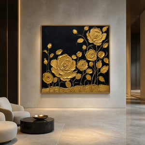 Sculptural gold rose wall art displayed in an upscale hotel lobby.