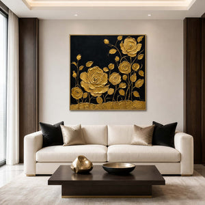 Gold Roses Hold the Night wall art in an elegant living room.