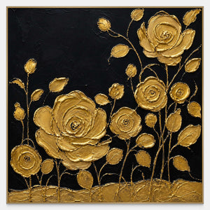 Hand-painted gold rose wall art with raised texture on deep black.