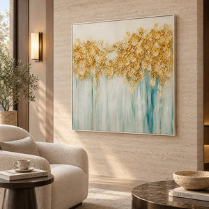 Hand-painted gold blossoms above soft aqua and ivory drips on canvas, displayed in a hotel lounge in a white frame.