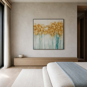 Gold and pale blue botanical painting displayed in a mist-gray bedroom.
