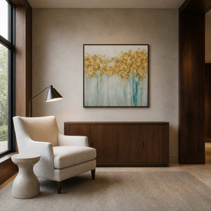 Golden blossom artwork displayed in a warm walnut reading room.
