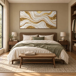 Golden Years in a wood frame above a neutral bed with an olive throw and a bench at its foot.