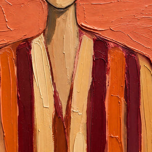 Close view of the portrait's long neckline and raised burgundy, orange, and cream clothing stripes.