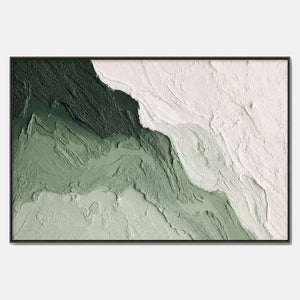 Hand-painted textured abstract wall art with green, white, and neutral tones.