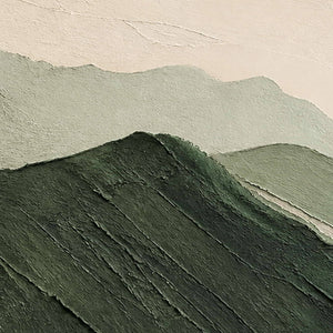 Detail of Green Mountains in Mist, showing the green ridges and textured ivory sky.