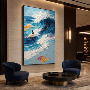 Dynamic blue surfing wall art displayed in an upscale club lounge.