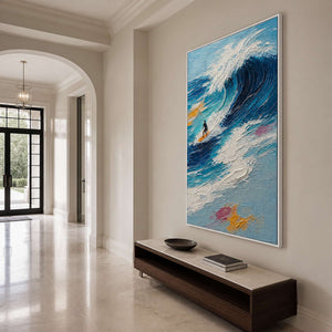 Dramatic textured surfing wall art displayed in an elegant luxury entryway.