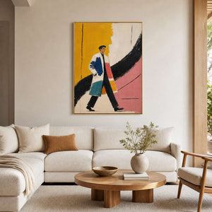 Colorful walking-man portrait displayed in a warm white modern living room.