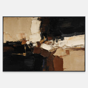 Horizontal textured abstract artwork with black fields, cream passages, and warm brown brushwork.