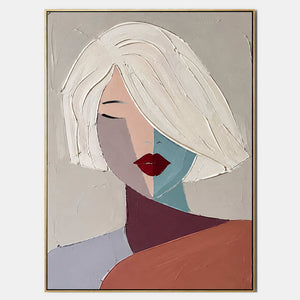 Modern female portrait canvas in blush, lavender, teal, and rust.
