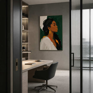 Green and black portrait canvas adding character to a modern office.