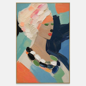 Hand-painted female portrait in coral, aqua, navy, and soft neutrals.