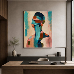 Colorful modern portrait displayed in an executive office.