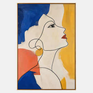 Hand-painted pop art portrait wall art with blue, warm tones, and white tones.