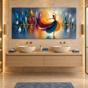 Painting of a dancer in a jewel-tone dress above colorful reflections without an outer frame beside a bathroom vanity.