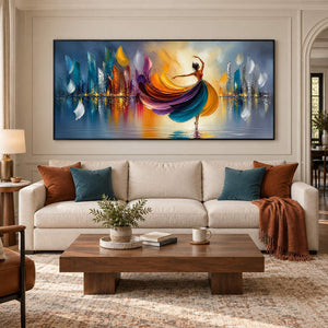 Painting of a dancer in a jewel-tone dress above colorful reflections in a black frame in a living room.