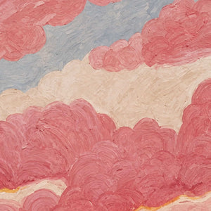 Close view of curved pink cloud brushstrokes layered against pale blue and cream sky.