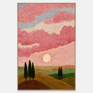 Vertical landscape painting with pink clouds, a pale sun, rolling hills, and slender trees.