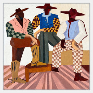 Three angular figures in broad hats, colorful waistcoats, checked clothing, and boots above diagonal pink floorboards.
