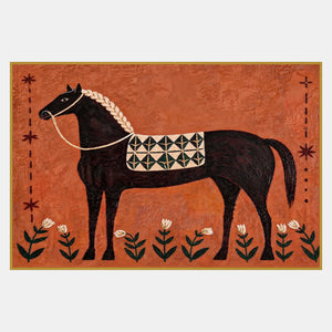 Black horse with a cream braided mane and geometric saddlecloth above white flowers on orange.
