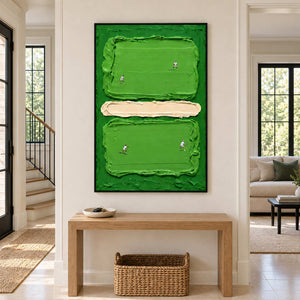 In the Swing in a black frame above a light wood console and woven basket near a staircase.
