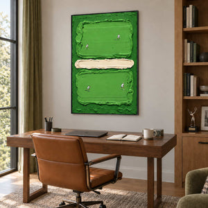 In the Swing in a black frame above a wood desk and brown leather chair beside tall shelving.