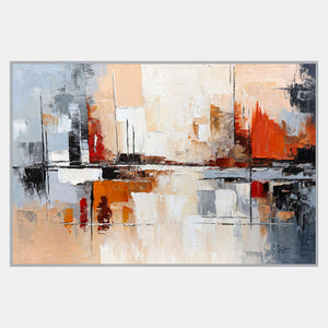 Wide abstract artwork with cream, peach, gray, and orange blocks crossed by thin black lines and a dark horizontal band.