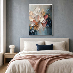 Soft blush and blue floral painting above an ivory bedroom.