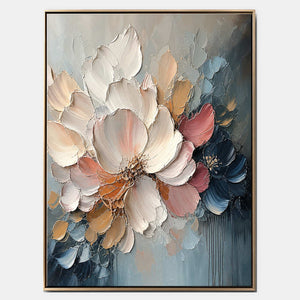 Vertical ivory, blush, and midnight-blue sculpted floral painting.