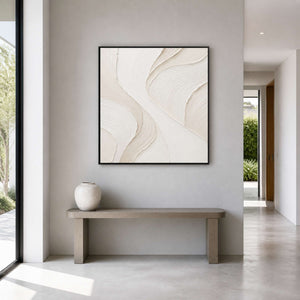 Neutral textured wall art displayed in a light gray modern entryway.