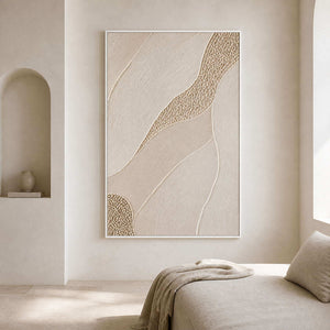 Ivory fields with a golden pebble path wall art in a contemporary bedroom.