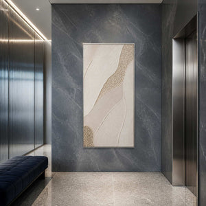 Ivory fields with a golden pebble path wall art in a contemporary commercial lobby.