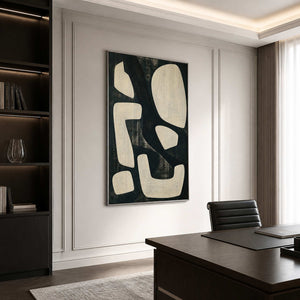 Modern organic wall art in a sophisticated office with a white frame.