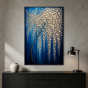 Dramatic ivory leaf artwork bringing color to a modern office.