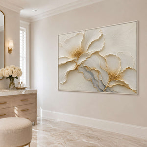 Textured white floral art in a spa-like bathroom.