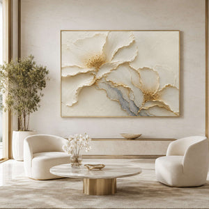 Textured floral wall art displayed in a hotel lobby.